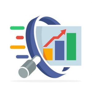 icon icon with the concept of searching, analyzing, for business finance and marketing. Illustrated with magnifying glass, bar chart, and arrow graph increases.